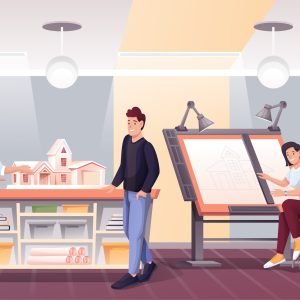 People working in design office, business workplace interior. Women and man doing creative job in team, graphic workstation with lamps, house model in room